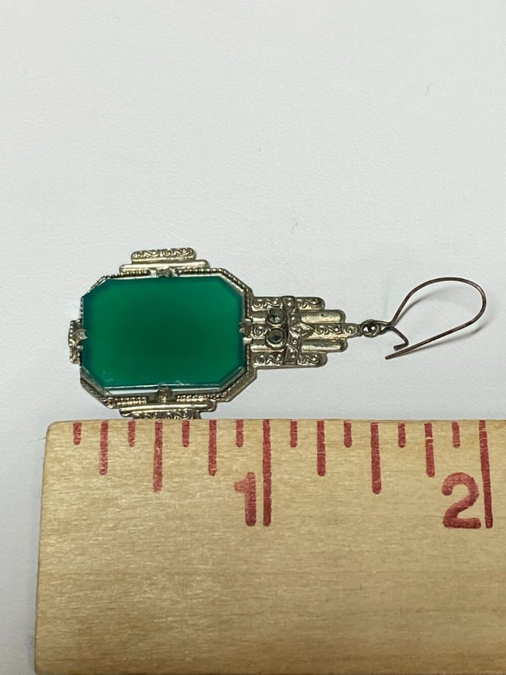 Art Deco 1930s Chrysoprase Marcasite Sterling Silver Earrings Antique - Picture 11 of 15